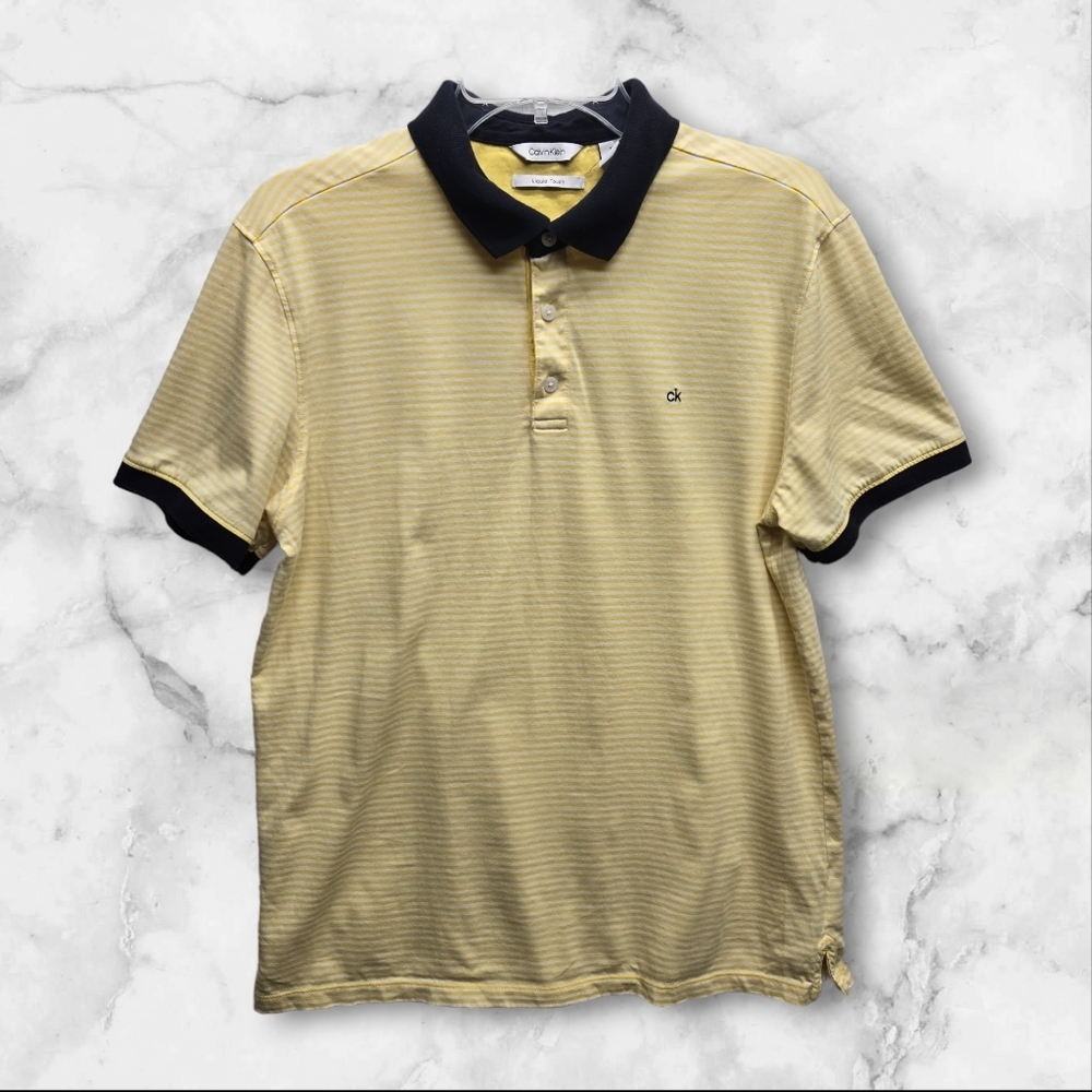 Calvin Klein Yellow Stripe Navy Collar Liquid Touch Polo Medium Mens Preppy Golf